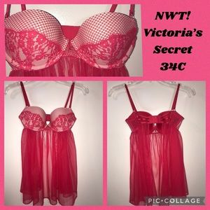 🆕 Victoria’s Secret 34C pink lace babydoll Merry Widow lingerie Valentine’s